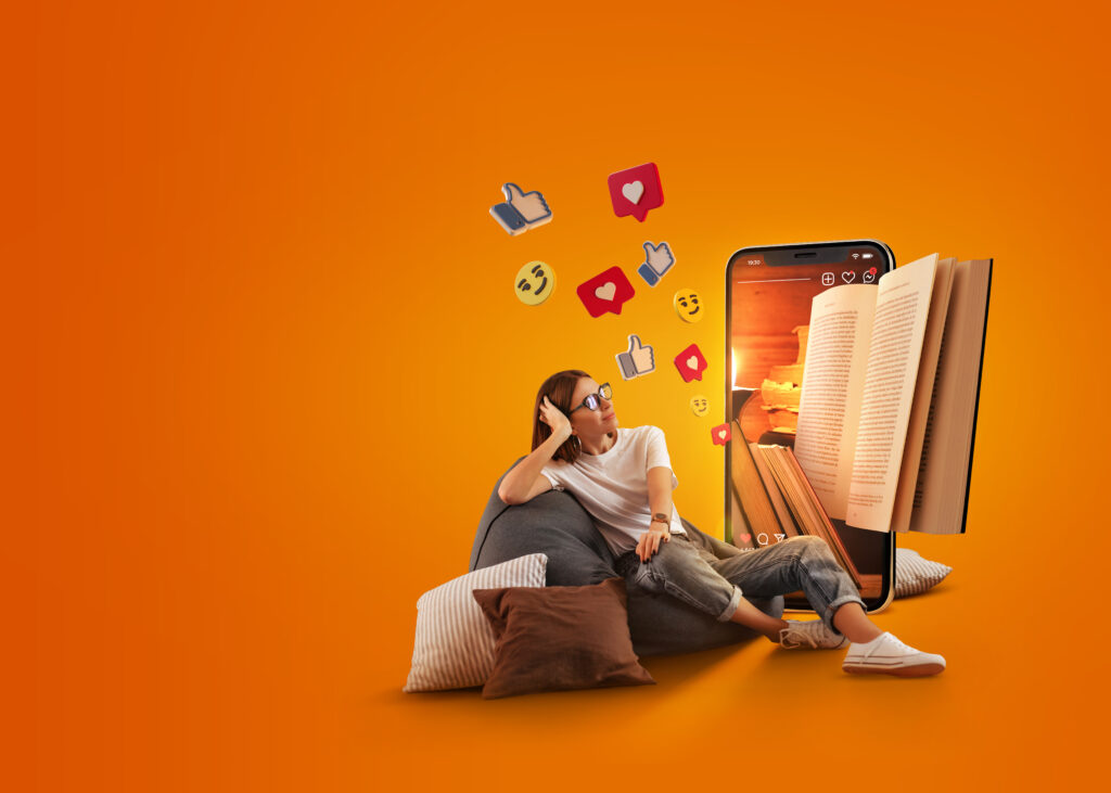 Satisfied woman in jeans and T-shirt relaxed sitting in bag chair against background of shelf with folders.